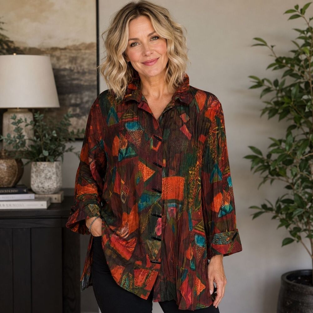 Ali Miles Womens L Abstract Crinkle Blouse Wired Collar Artsy Button Front Top